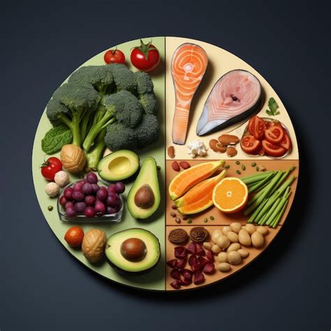 Imagen de un plato colorido y equilibrado con frutas, verduras, proteínas magras y granos integrales.