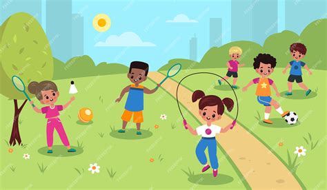 Ilustración de niños participando en diversas actividades físicas al aire libre.
