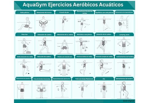 Infografía con varios ejercicios acuáticos para adelgazar