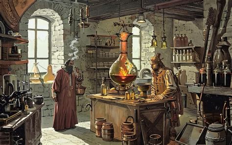 Ilustración histórica de un laboratorio de alquimia del siglo XVII.
