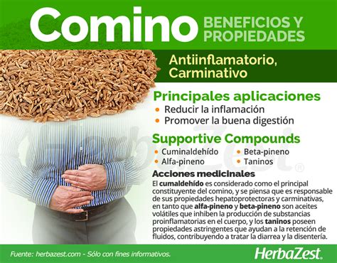 Infografía detallando los beneficios del comino: digestión, control de peso, antioxidantes, etc.