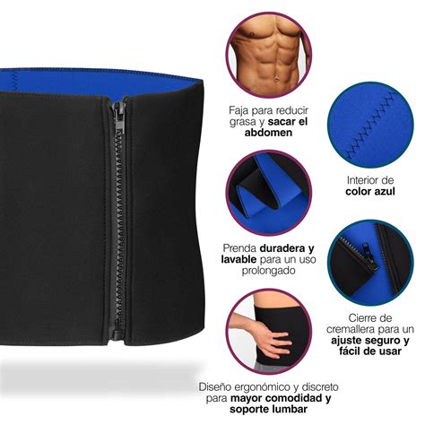 Infografía mostrando los beneficios de una faja reductora para hombre: abdomen plano, mejor postura y mayor confianza.