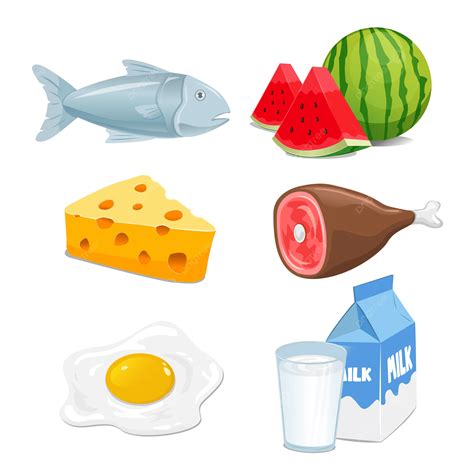 ilustraciones de diferentes alimentos saludables para la cena: pescado, verduras, huevo, yogur