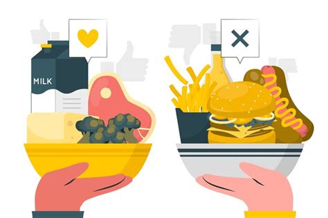 Ilustración representando la dualidad entre comida rápida y alimentos saludables, y una persona sedentaria vs. una activa.