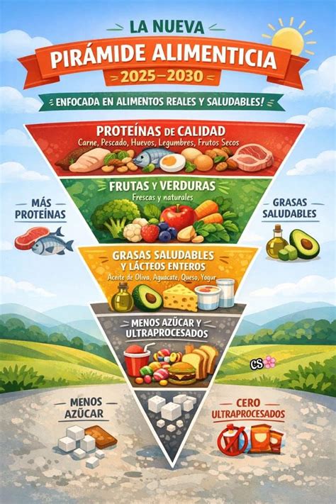 Infografía mostrando la pirámide alimenticia saludable con énfasis en verduras, proteínas magras y carbohidratos complejos.