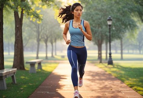 Mujer corriendo en un parque al amanecer, con una expresión de determinación y disfrute.