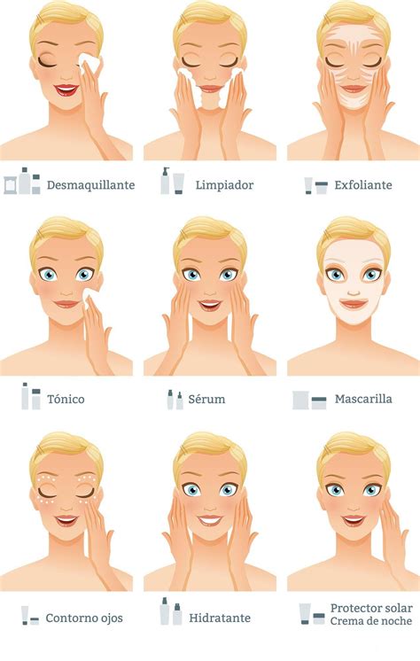 Ilustración mostrando el proceso de limpieza facial en varios pasos.