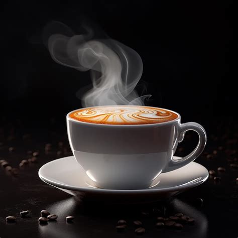 Una taza de café humeante junto a un bagel y un batido de frutas.