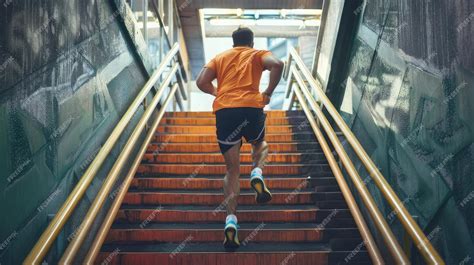 Persona subiendo escaleras con determinación en un entorno urbano