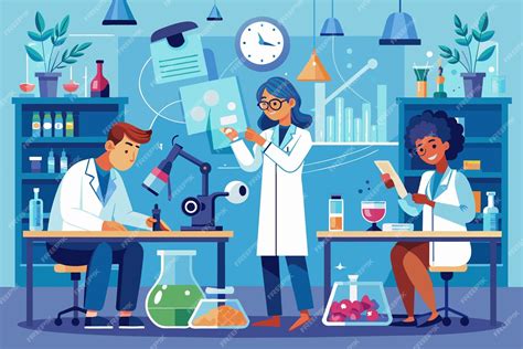 Ilustración de un laboratorio con científicos analizando muestras de productos cosméticos.
