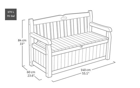 Infografía detallando las dimensiones y capacidades del banco arcón Keter Eden.