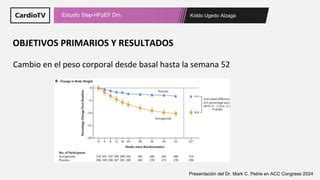 Gráfico de resultados del estudio STEP-HFpEF mostrando la diferencia en la mejora de síntomas y pérdida de peso entre semaglutida y placebo.
