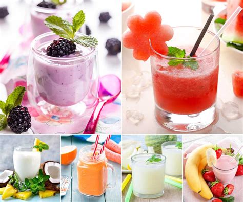 Collage de imágenes mostrando los ingredientes de los batidos: pepino, perejil, limón, plátano, piña, manzana, avena, mango, cúrcuma.