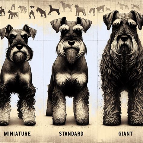 Infografía comparativa de los tres tamaños de Schnauzer con sus rangos de altura y peso.