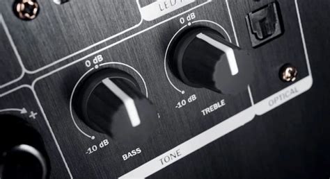 Diagrama mostrando los controles de bajos y agudos en la parte trasera de un altavoz