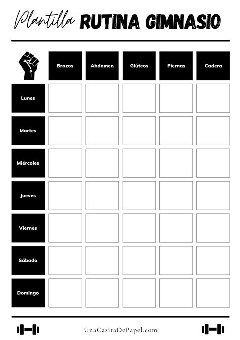 Calendario visual de una rutina semanal de gimnasio.