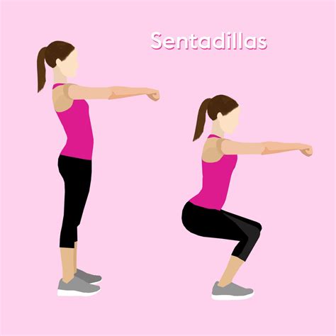 Ilustración detallada de cómo realizar correctamente sentadillas y flexiones.