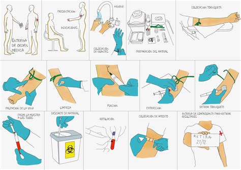 Diagrama del procedimiento de extracción de sangre para análisis, mostrando la toma de muestra de una vena del brazo.