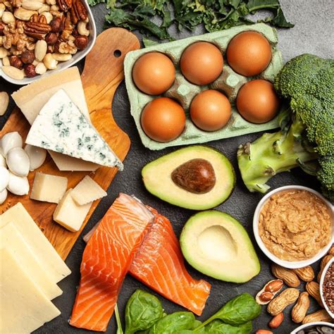 Collage de alimentos permitidos en la dieta keto: aguacates, salmón, huevos, brócoli, frutos secos.