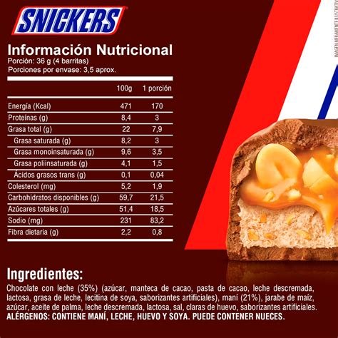 Ilustración de una barra de chocolate Snickers con sus ingredientes principales: cacahuetes, caramelo y turrón.