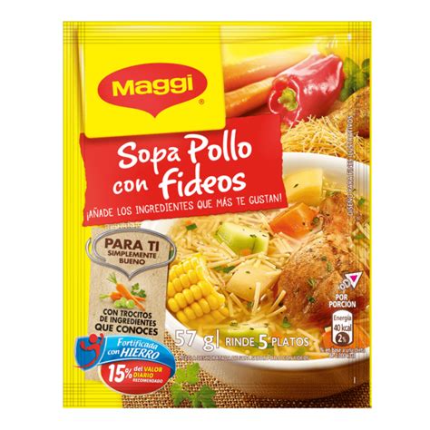 Infografía detallando los ingredientes principales de la sopa Maggi de pollo.