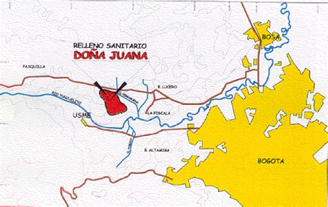 Mapa de Bogotá con la ubicación del relleno sanitario Doña Juana y zonas de alta generación de residuos.