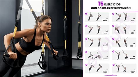 Ilustración mostrando diferentes ejercicios de TRX para el tren superior: remo, flexiones y curls de bíceps.