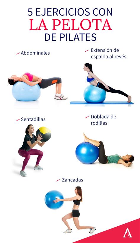 Infografía con varios ejercicios de abdominales utilizando una pelota de pilates.