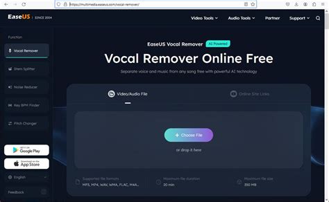 Interfaz de EaseUS Online Vocal Remover mostrando el control deslizante de volumen