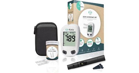 Imagen del kit Go-Keto Kickstart Set, mostrando el medidor, tiras y accesorios.