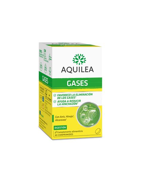 Infografía detallando los ingredientes principales de Aquilea Gases Vientre Plano Infusiones y sus beneficios específicos para la digestión.