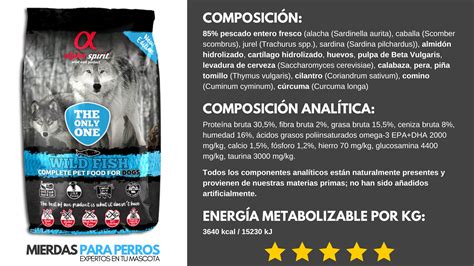 Diagrama mostrando la composición nutricional de Alpha Spirit The Only One 7 Days Formula, destacando el porcentaje de carne fresca y los omegas
