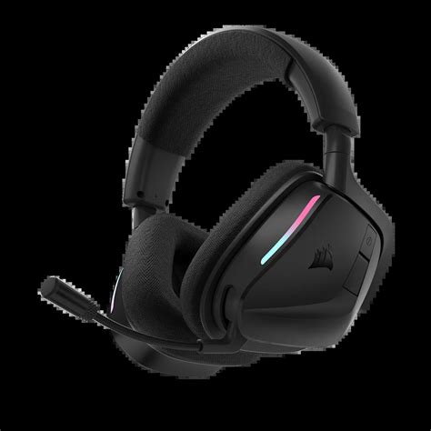 Imagen detallada de los auriculares Corsair Void Wireless V2, mostrando el diseño asimétrico de las orejeras y el logo de Corsair.