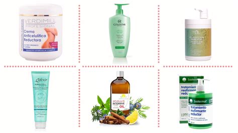 Comparativa visual de las texturas de varias cremas anticelulíticas (gel, crema, aceite).