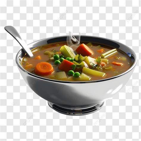 Ilustración de un tazón humeante de sopa de verduras variadas, con ingredientes frescos como tomate, cebolla y repollo a su alrededor.