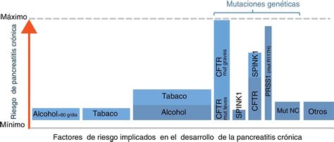 Gráfico comparativo de los factores de riesgo para la pancreatitis crónica (alcohol, tabaco, genética).