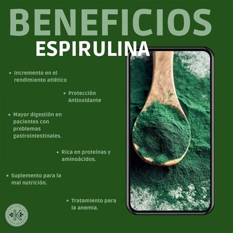 Infografía destacando los beneficios de la espirulina: alto contenido de nutrientes, apoyo al sistema inmunológico y ayuda en la pérdida de peso.