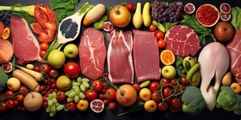 Ilustración de alimentos disponibles en la Edad de Piedra: carne magra, frutas, verduras y frutos secos.