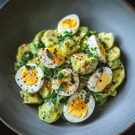 composición de un plato de ensalada keto de verano con aguacate, huevo y salmón