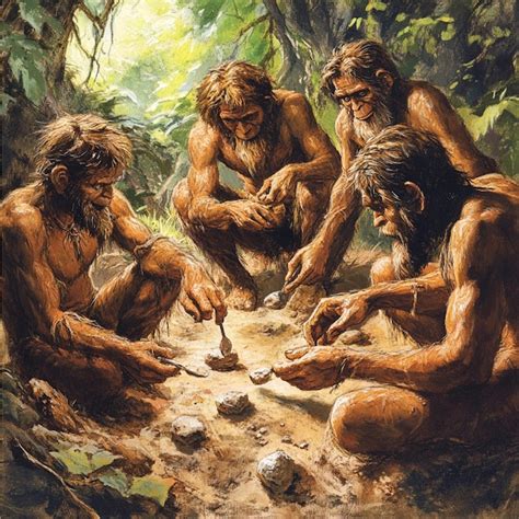 Recreación artística de un asentamiento prehistórico con herramientas de piedra.