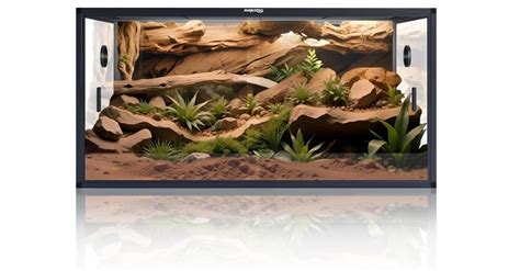 Diagrama de un terrario para reptiles con zonas de calor, humedad y escondites.