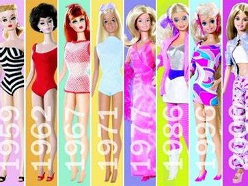 Ilustración que representa la evolución de las muñecas Barbie a lo largo de las décadas, mostrando cambios en apariencia y diversidad.
