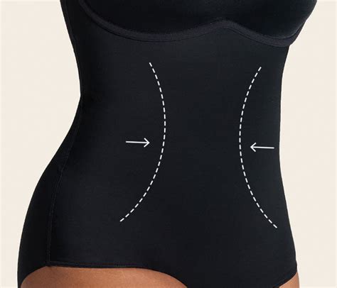 Diagrama de un body reductor Leonisa, mostrando las zonas de compresión fuerte y el material PowerSlim.