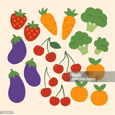 Ilustración de varias frutas y verduras vibrantes