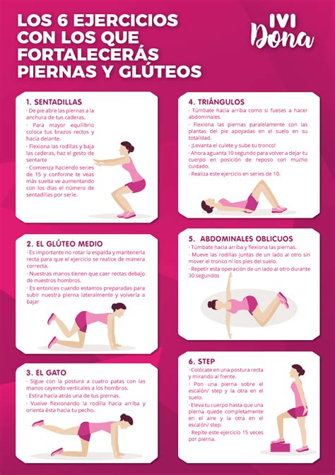 infografía con diferentes ejercicios para piernas y glúteos