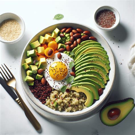 Ilustración de un plato de Buddha bowl con ingredientes vegetales variados como aguacate, pimientos, tomate, pepino, col morada, garbanzos, lechuga y nueces.