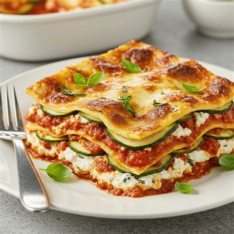 Fotografía de una lasaña de calabacín, queso, setas y trufa.