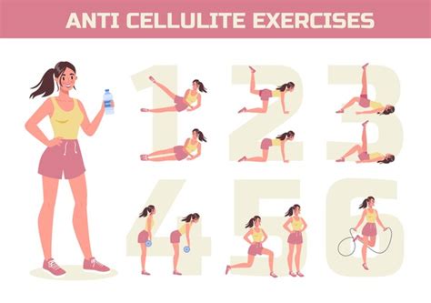 Ilustraciones de los 4 ejercicios anticelulíticos recomendados.