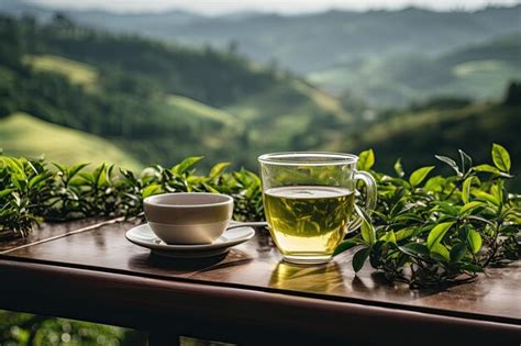 Taza de té verde humeante con hojas de té fresco.