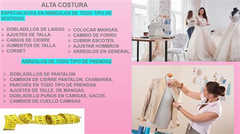Infografía mostrando diferentes tipos de arreglos de ropa: ajuste de talla, dobladillos, cambio de cremalleras, transformación de prendas.
